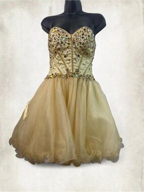 Gold Strapless Sweetheart Cocktail Dress with Crystal Embellishment